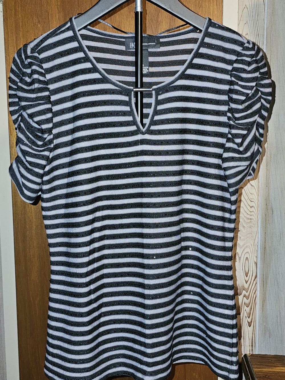 INC International Concepts Black & White Striped Short Sleeve Keyhole Petite Top